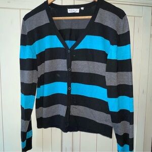 GERI C Striped Black Blue Button Up Cardigan Sweater Preppy Schoolgirl Sz L